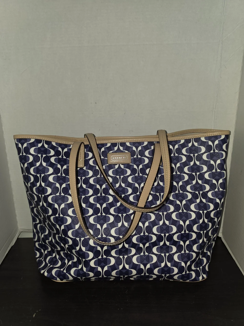 COACH Signature Navy Canvas Tote with Tan Leather Trim